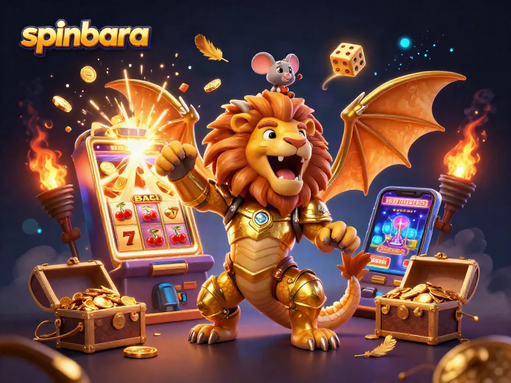 Experience the thrill of spinbara with a roaring golden chimera and vibrant casino elements.