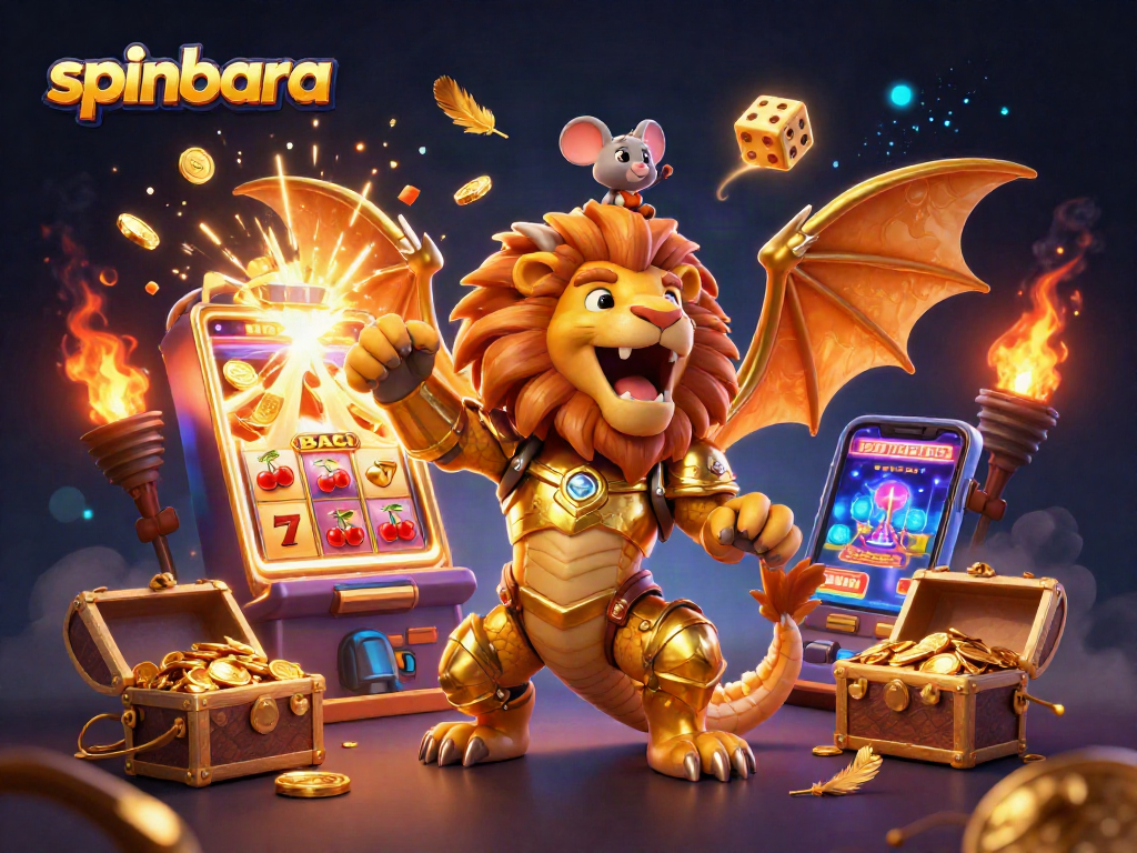 Experience the thrill of spinbara with a roaring golden chimera and vibrant casino elements.