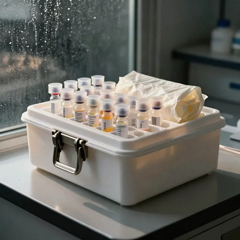 Viales sellados en un contenedor frío sobre mesa de laboratorio, con lluvia en el cristal al anochecer.