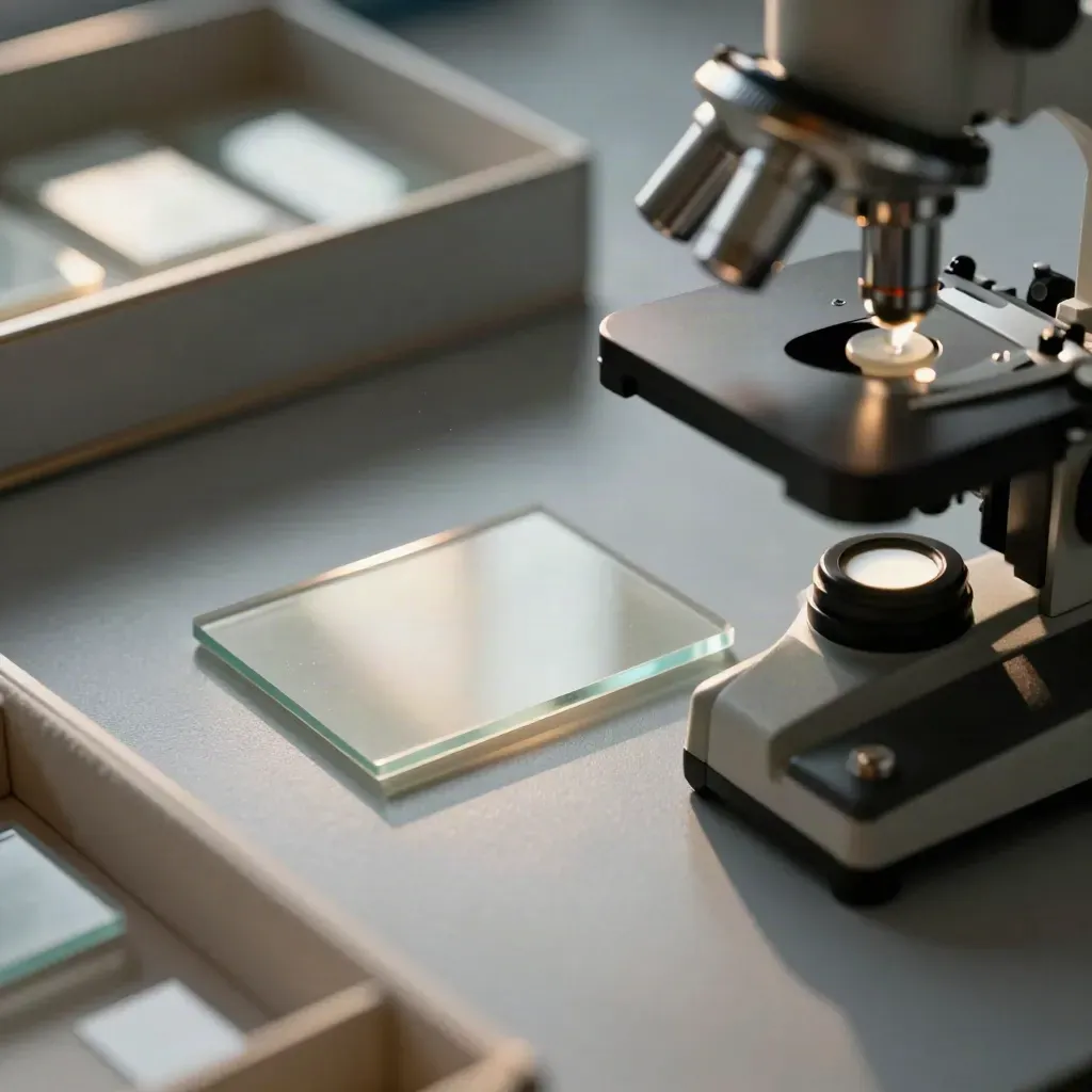 Láminas de microscopio alineadas junto a un microscopio apagado y una caja de archivo en un laboratorio.