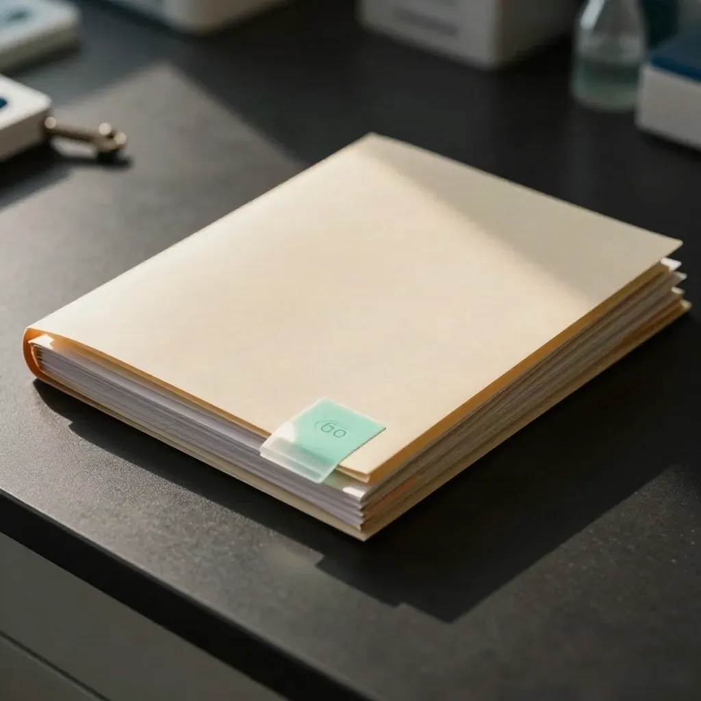 Carpeta clínica, sobre de envío sellado y precinto verde menta sobre mesa oscura de laboratorio.