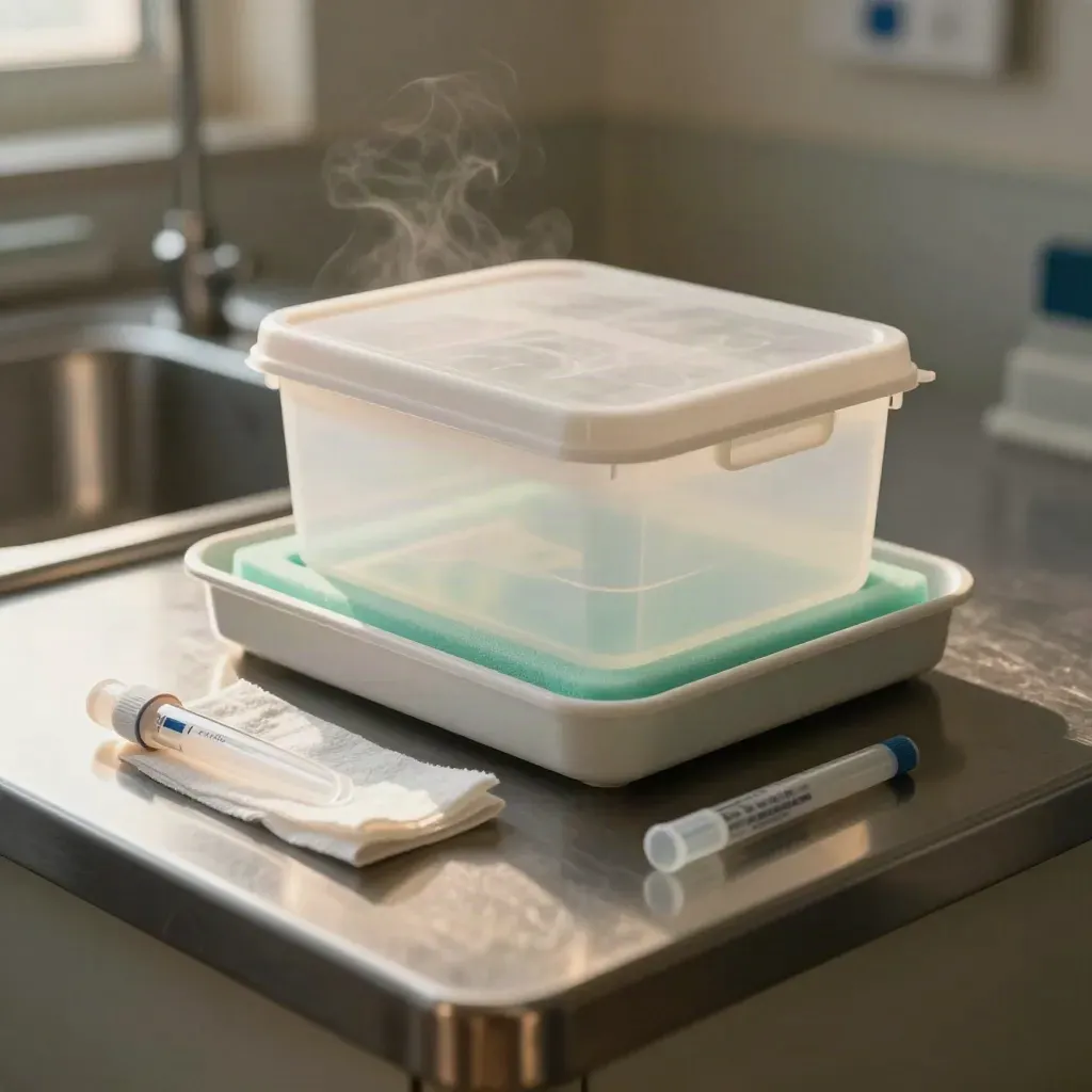 Kit de preparación de muestra citológica junto al lavabo, con vapor suave y separador de espuma.