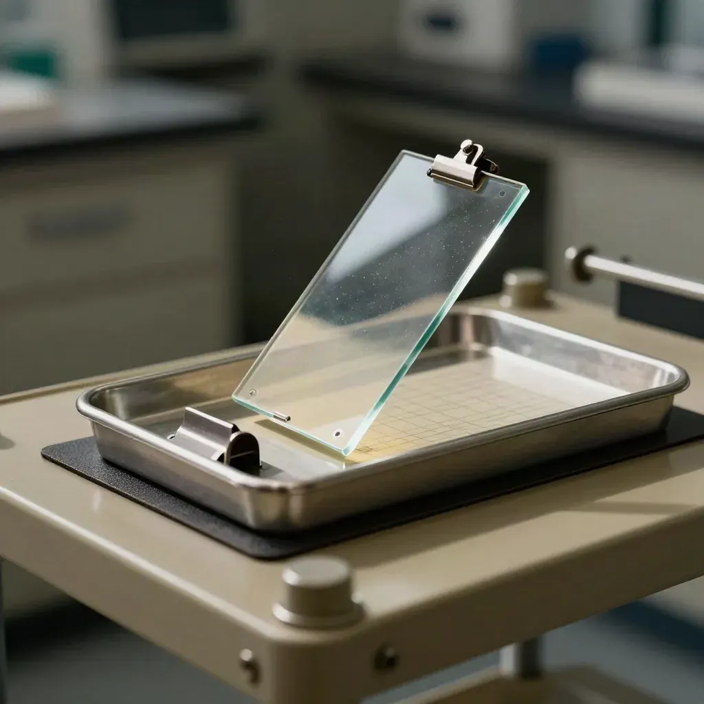 Láminas de citología en soporte inclinado, pinza metálica y bandeja seca en un laboratorio nocturno.