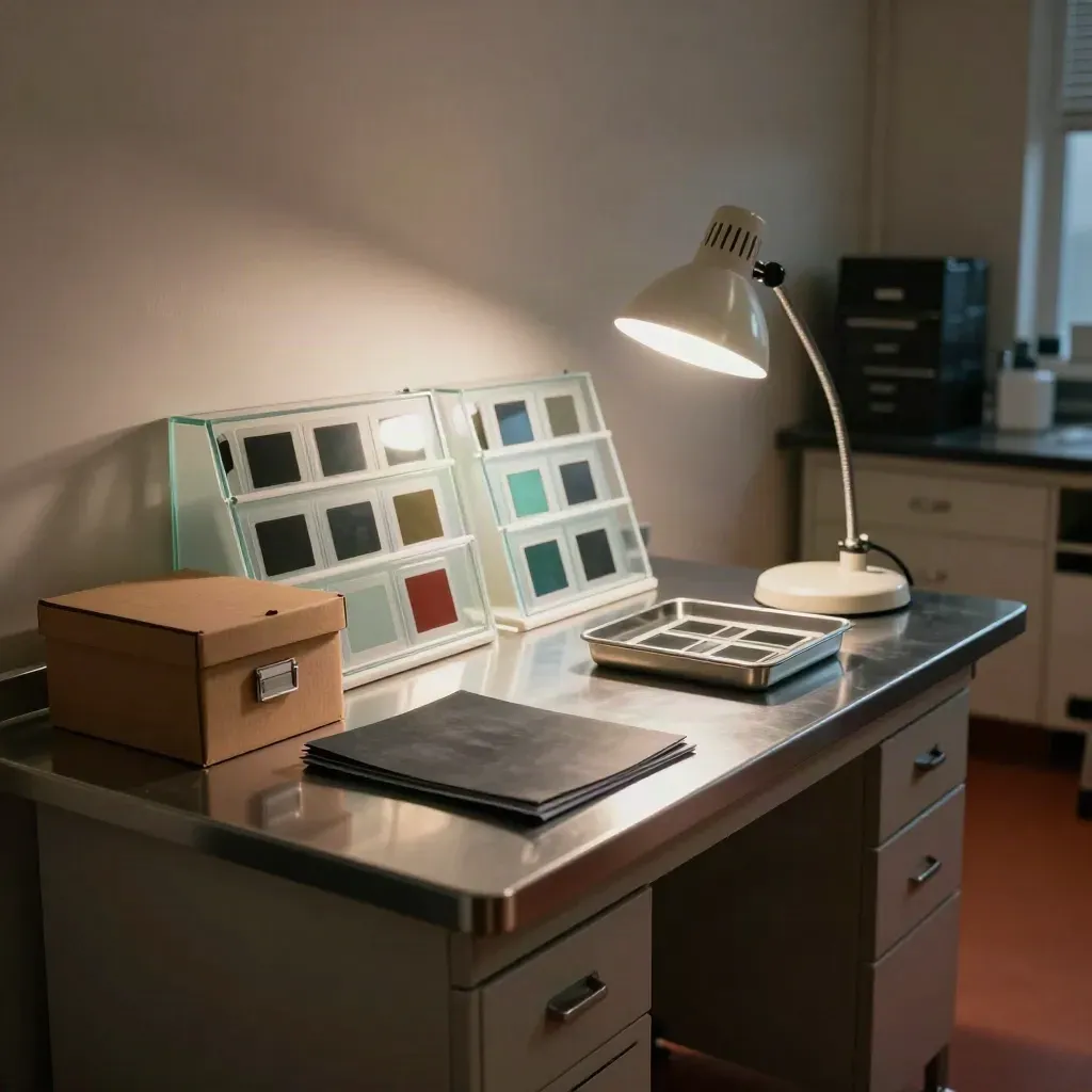 Mesa de lectura de citología con láminas, carpeta cerrada y lámpara apagada en un laboratorio.