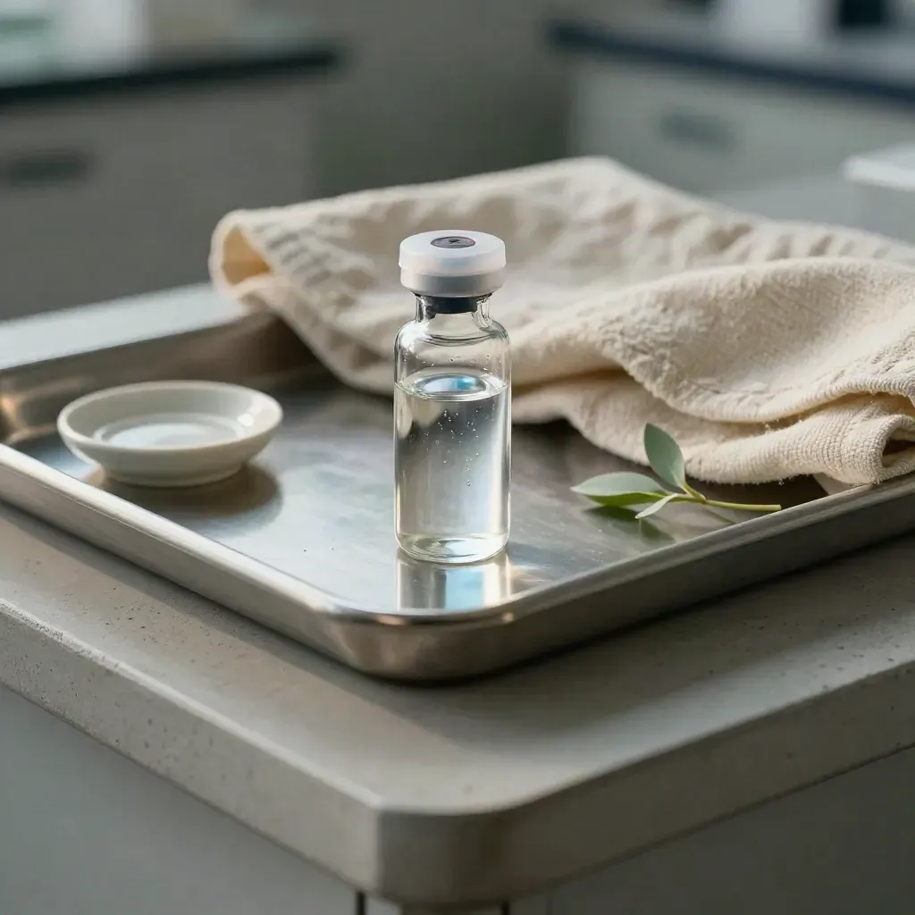 Vial de base líquida con paño doblado y ramita verde sobre bandeja metálica