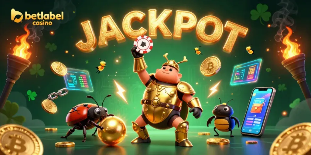 Engage with betlabel casino featuring a victorious beetle in armor amid vibrant gaming symbols.