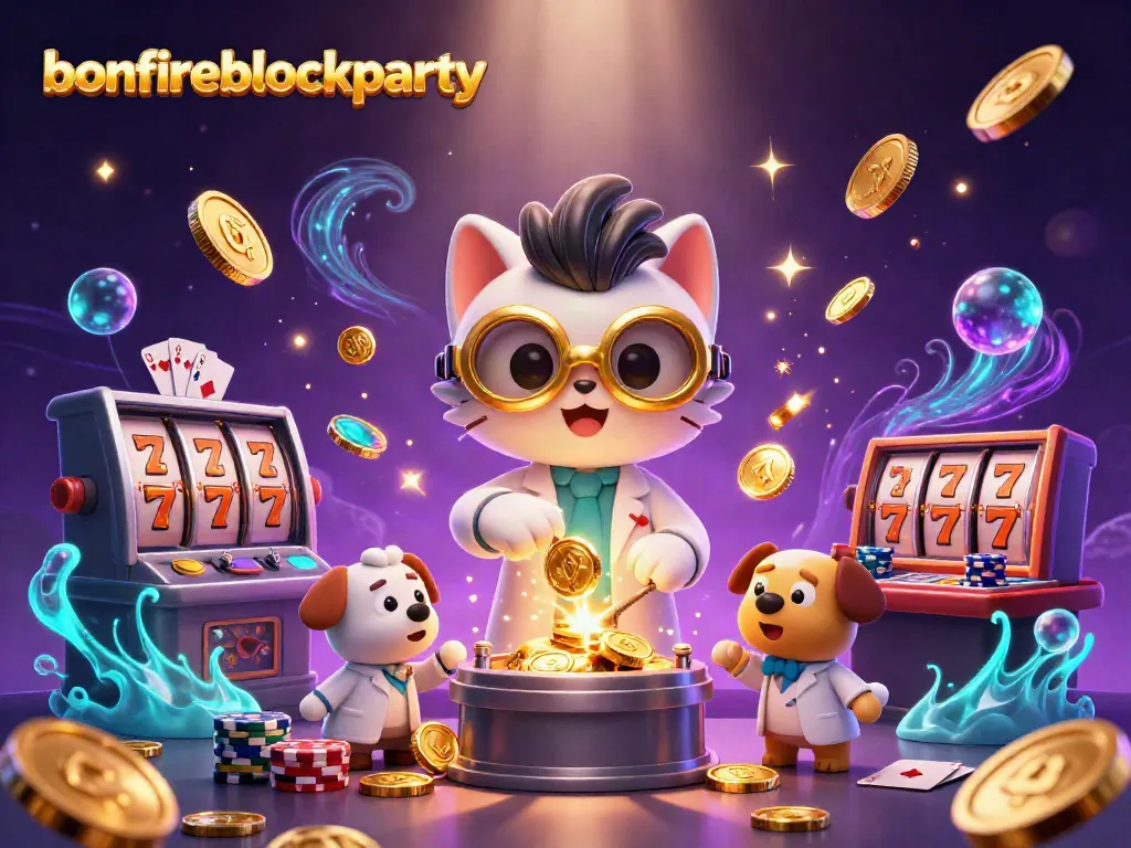 Experience the excitement of bonfireblockparty with a 3D lab scene showcasing casino fun!